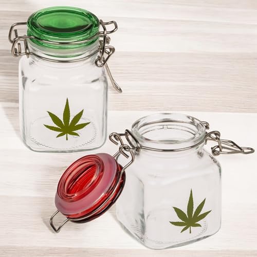 Mijoma lot de 2 bocaux en verre avec motif feuille de cannabis - bocaux de rangement hermétiques pour les herbes, les épices, bonbons - les récipients en verre Avec joint en silicone - 4 x 7 cm - Image 6