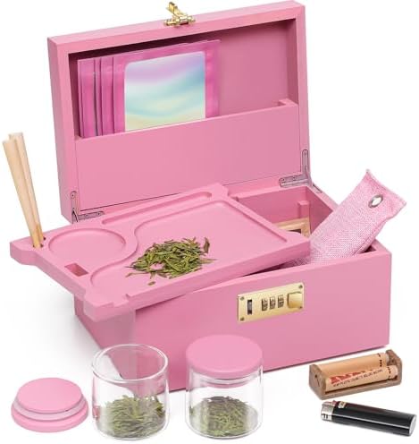 Ozchin Grande Boîte en Bambou AVEC SERRURU à combinaison, Boîte DÉCORATIVE pour la Maison, Cadeau de Fête des Pères, Boîte de Rangement verrouillable en Bambou Avec Bocal en verre (L) (Rose)