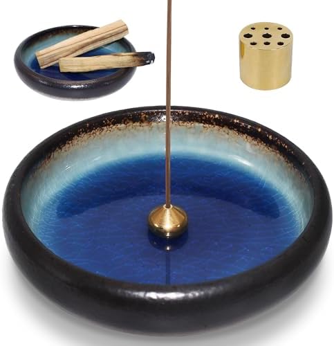 Beylab Encens Porte Support Palo Santo 3 en 1 Bruleur en Céramique pour rabat-t-il, Brûleur en Baton de, Sauge Bâtons Holder, Difffuseur soutient la décoration de la salle, Encensoir en Laiton AMOVIBLE - BLEU
