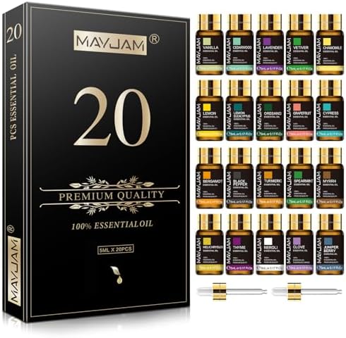 Mayjam Coffret Huiles Essentielles 20pcs, Coffret Cadeau d'Huiles Essentielles verser diffuseur Humidificateur - Lavande Vanille Citron Bergamote Cèdre Néroli Menthe verte Eucalyptus citronné et Plus