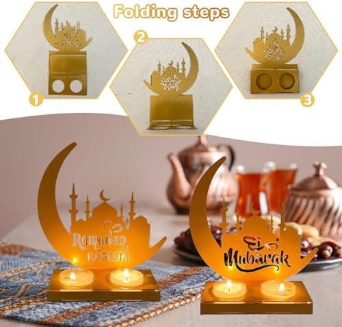 Qunkun Bougeoir, Décoration Ramadan Eid Mubarak, Lampe Diy Ramadan, Décor Eid Mubarak, Décoration de Table Eid Mubarak, Décoration Ramadan, Bougeoir Ramadan pour Cadeau Decoration de Musulm - Image 3