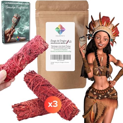 Sauge Rouge Sang de Dragon, Sauge Blanche Purification à Bruler x3 Batons + Ebook Pratique (PDF) - Bâtonnets de Sauge Amérindienne pour purifier les énergies Négatifs