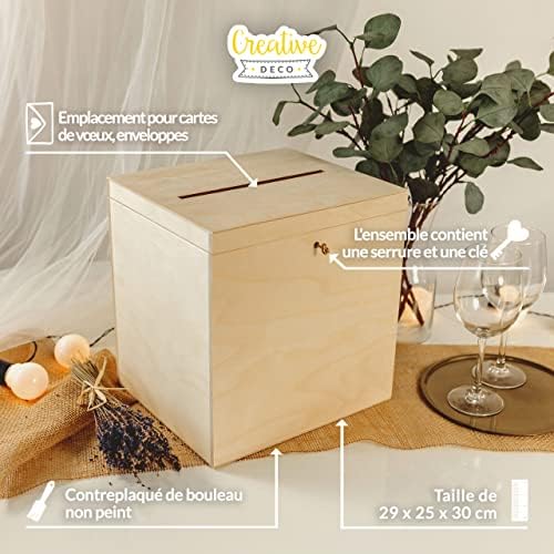Créative déco boite en bois pour enveloppes | 29 x 25 x 30 cm | Bois Naturel | AVEC Couvercle et Clé | Boîte verse des occasions Spéciales | Anniversaire urne | Mariage | BOITE A Souvenirs, Cartes Letre - Image 5