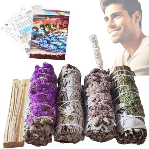 Samayzen - Kit Smudge Sauge Blanche pour Brueler Sinuata pourpre - Yerba Santa - Lavande - Cèdre - Bâton Sacré - attachés pour Méditer et Se.