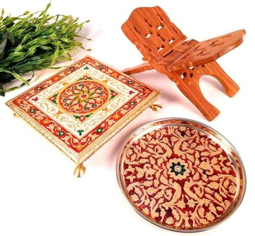 Pooja Chowki, Pooja Thali & Holy Book Holder Set - Accessoires de Prière - pour Rakhi, Diwali et Karwa Chauth - Lot de 3 - Image 6