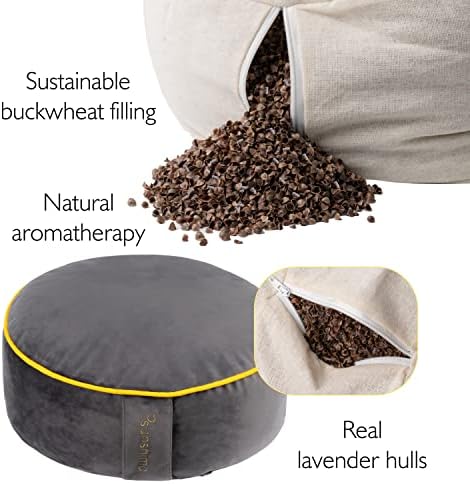Sunshima Coussin Yoga et Méditation - Oreiller de Zafu, Sol Rond en Sarrasin Lavande Tissu Velours Luxueux AVEC JOLIE BORDURE DORÉE, BOîte Cadeau Sac Transport Fourre-Tout Gray Gray - Image 5
