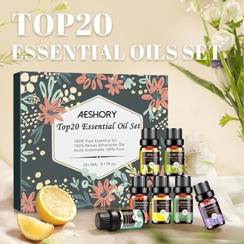 Aeshory Set Huiles Essentielles 20 x 5 ml, 100% Purres & Naturelle Huiles Essentielles aromathérapie pour diffuseurs, spa, massage, bain, Idéal Coffret Cadeau - Lavande, Thé arbre, citronnelle, romarin - Image 8