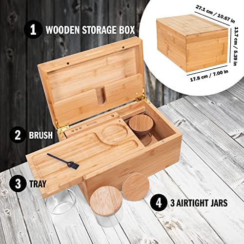 Artisanntes boîte de rangement en bambou avec plateau plateau roulant, Grande Brosse en Bois et 3 bocaux hermétiques, conception amélioré avec une durabilité accumule, kit compléter les herbes et accessoires - Image 5