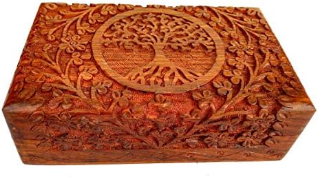 Ajuny coffre au trésor décoratif en bois sculpté à la main 8x5 pouces motif arbre de Vie marron - utilisation polyvalente comm