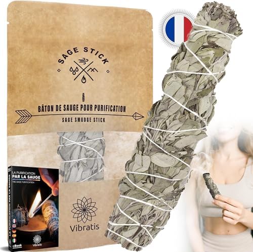 Vibratis Sauge Blanche de Purification 16cm - 1 Bâton d'Encens de Sauge à Brueler + E-Book - Élimine Les Énergies Négatifs - Favorise La Méditation (𝗦𝗮𝘁𝗶𝘀𝗳𝗮𝗶𝘁𝗼𝘂𝗥𝗲𝗺𝗯𝗼𝘂𝗿𝘀𝗲)