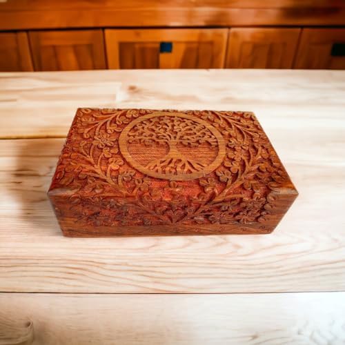 Ajuny coffre au trésor décoratif en bois sculpté à la main 8x5 pouces motif arbre de Vie marron - utilisation polyvalente comm - Image 2