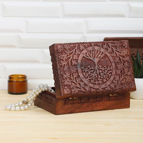 Ajuny coffre au trésor décoratif en bois sculpté à la main 8x5 pouces motif arbre de Vie marron - utilisation polyvalente comm - Image 7