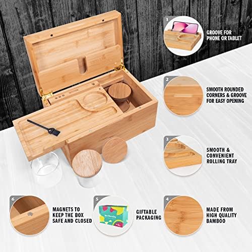 Artisanntes boîte de rangement en bambou avec plateau plateau roulant, Grande Brosse en Bois et 3 bocaux hermétiques, conception amélioré avec une durabilité accumule, kit compléter les herbes et accessoires - Image 4