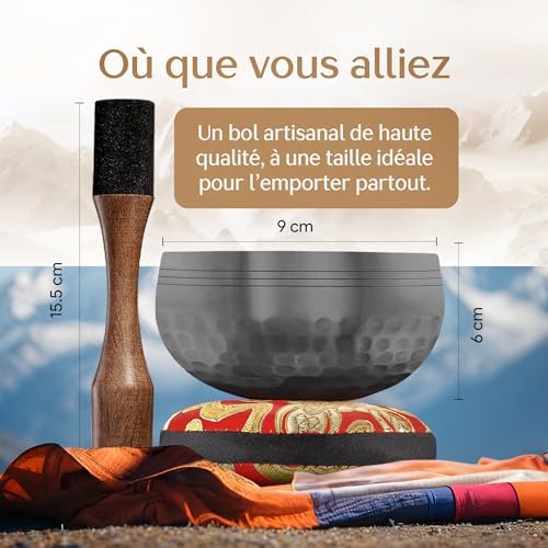 Bol Tibétain - Bol Tibétain Chantant pour la purification et la méditation - Mind Silent - Bol Méditation - Inclut Un MAILLET AVEC PRIX EN MAIN TYPE CRAYON ET UN COUSSIN - Image 3