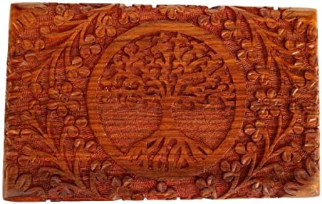 Ajuny coffre au trésor décoratif en bois sculpté à la main 8x5 pouces motif arbre de Vie marron - utilisation polyvalente comm - Image 4
