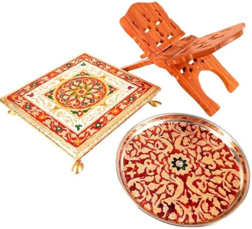 Pooja Chowki, Pooja Thali & Holy Book Holder Set - Accessoires de Prière - pour Rakhi, Diwali et Karwa Chauth - Lot de 3 - Image 2