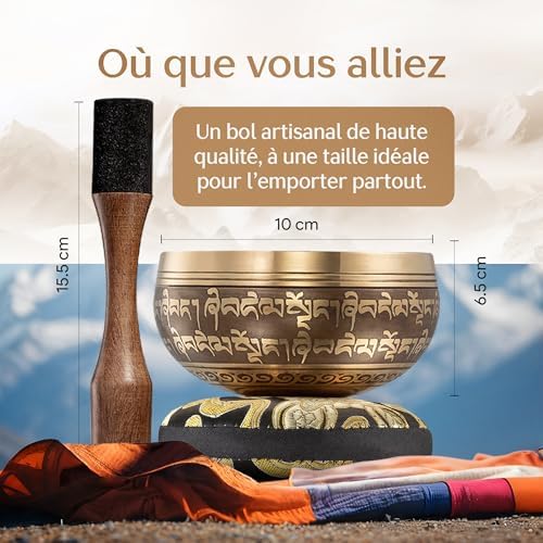 Bol Tibétain - Bol Tibétain Chantant pour la purification et la méditation - Mind Silent - Bol Méditation - Inclut Un MAILLET AVEC PRIX EN MAIN TYPE CRAYON ET UN COUSSIN - Image 3