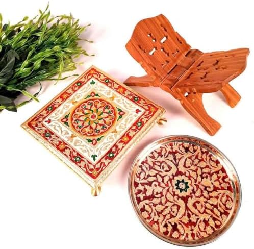Pooja Chowki, Pooja Thali & Holy Book Holder Set - Accessoires de Prière - pour Rakhi, Diwali et Karwa Chauth - Lot de 3