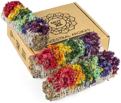 MUT22 3 Sauge Blanche Avec 7 Chakras Sacrés à Broieler, Herbe de Purification et d'Harmonie, Sauge Appienne 100% Naturelle, Idéale pour le netoyage spirituel et les rituals énergétiques