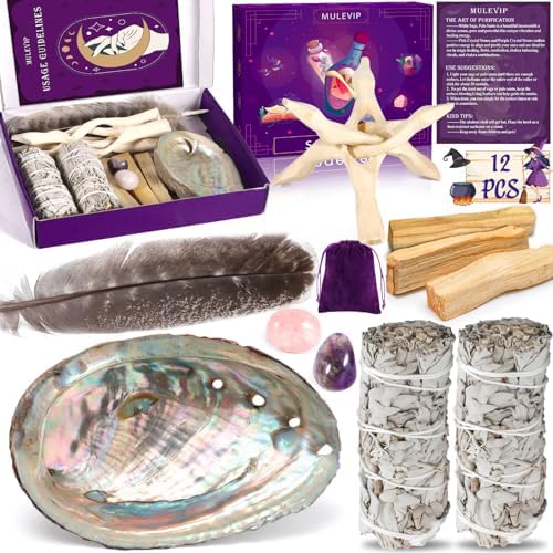 Mulevip Sauge Blanche, Palo Santo, Santo Coquillage d'Ormeau, Pierre de Cristal, Sauge Blanche Purification Maison, Sauge Blanche Purification A Bruler, Encenel Naturel à Bruler Anti Stress Méditation