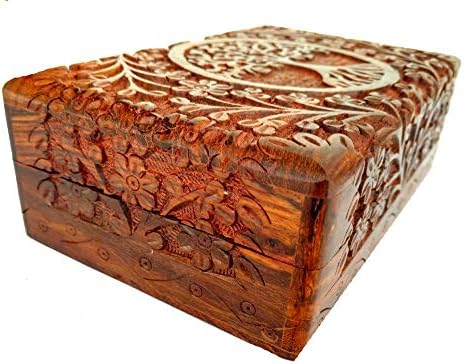 Ajuny coffre au trésor décoratif en bois sculpté à la main 8x5 pouces motif arbre de Vie marron - utilisation polyvalente comm - Image 3