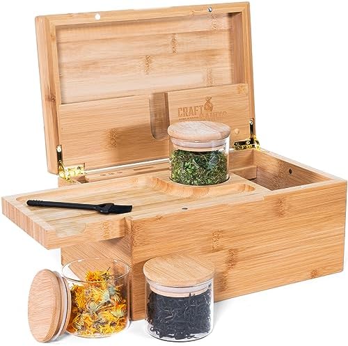 Artisanntes boîte de rangement en bambou avec plateau plateau roulant, Grande Brosse en Bois et 3 bocaux hermétiques, conception amélioré avec une durabilité accumule, kit compléter les herbes et accessoires
