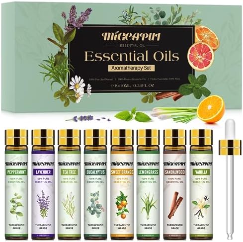 Migcaput set Huiles Essentielles 8 x 10 ml, Huiles Essentielles 100% nature couler diffuseur, Huiles Essentielles aromathérapie pour spa, massage, bain - lavande, menthe poivrée, Vanille, Bois de Santal