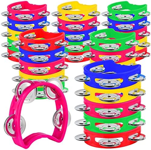 Miahart 32 Pack Tambourin à Main de Noël Makers de bruit Tambourin 4 Cloche Tambourin à Main en plastique coloré de rythme musical pour adultes Enfants Décoration de Fête de Noël Faveurs