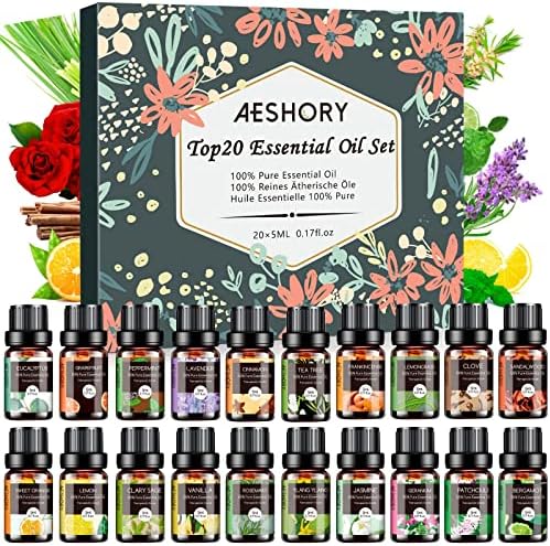 Aeshory Set Huiles Essentielles 20 x 5 ml, 100% Purres & Naturelle Huiles Essentielles aromathérapie pour diffuseurs, spa, massage, bain, Idéal Coffret Cadeau - Lavande, Thé arbre, citronnelle, romarin