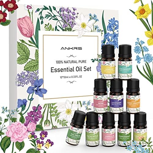 Réglez les Huiles Essentielles 10x10ml 100% naturelles pour diffuser d'Aromathérapie - Huile d'arbre à thé, eucalyptus, menthe poivrée, citron, orange, citronnelle, lavande, rose, ylang-yang, vanille