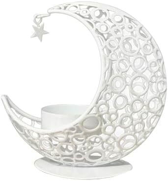 Bougeoir Lune Blanc en Métal Bougeoir Ramadan Lune Creuse Support Bougie Chauffe-Plat Décoration Islamique Ramadan Décoration de Maison Orientale pour la Maison, le Bureau, Le Mariage