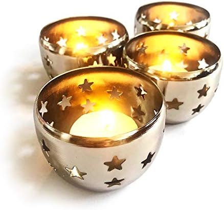Lot de 4 Photophores et bougeères en acier inoxydable brossé avec un conception étoilé attrayant | Idéal coule toutes les occasions | Jean Patrique
