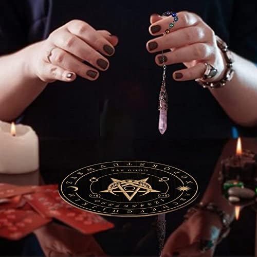 Ahandmaker Planche de Pendule de Sorcière, Métaphysique de Divination Radiesthésie Planche en Bois sculpté avec un Cristal Collier Planche à Pendule Ronde Kit Fournitures d'Autel, pentagramme Lune - Image 5