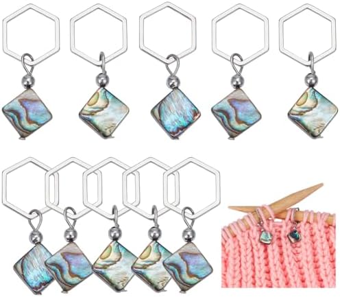 Benecreat 10 Marqueur de Maille Carré en Coquille d'Ormeau pendentif coquilage Avec Anneau de Liaison hexagonal en acier inoxydable 304 Marqueur de Maille verrouillable pour tricot et crochet
