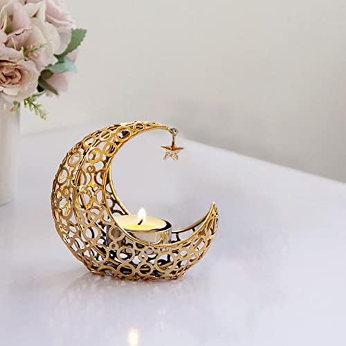 Photophore en verre en forme de lune, bougeoir en motal en forme de lune, bouge du décoratif coule de table, 10 x 9 cm, accessoires de Bureau sympas (Doré, tiille unique)