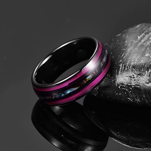 Corato 8 mm Bague en Carbure de Tungstène Noir pour homme Avec Corde de Guitare Violette et Bague de Mariage incrustée de Coquille d'Ormeau Finition Polie Bombée Taille 54-67 - Image 4