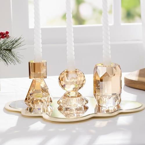 WeltrXe bougeères en cristal, lot de 3 photophores transparents pour bougies bâtons et bougies chauffe-plate, bougeères conception 2 en 1 en cristal pour décorations de table, mariages, fêtes (champagne) - Image 5