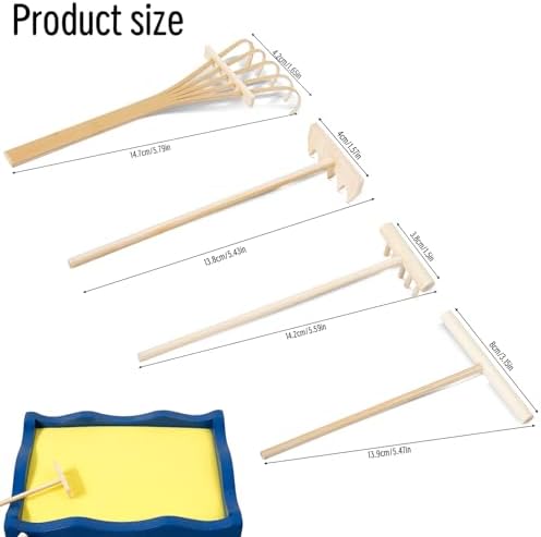 Lot de 4 Mini Accessoires de Jardin Zen en Bois - Râteau à Sable Zen - Bac à Sable Miniature - Petit Râteau Zen - Bricolage pour la Maison, Le Bureau et la Décoration de table - Image 3