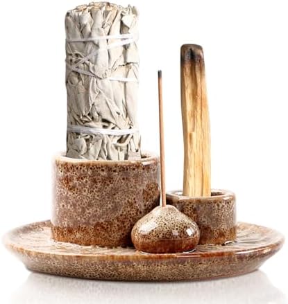 Pritok - Porte-Encens 4 en 1 - Porte-Encens à Sauge - Bol en Céramique pour le tout Encens, Bâts d'Ences, Palo Santo, Sauge Blanche, Bâts d'Encens et Bougeoir
