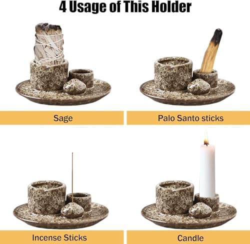 Bol d'Encens 4 en 1 pour chaque encens, encens, Palo Santo, Sauge Blanche, Bâtons d'Encens et Bougeoir, Plateau en Céramique pour la salle de méditation, Yoga (Marron Clair) - Image 3