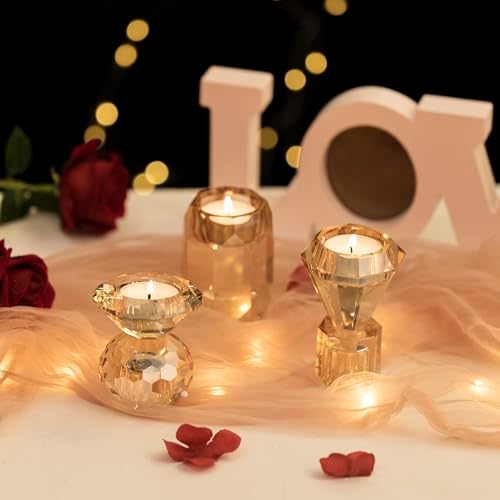 WeltrXe bougeères en cristal, lot de 3 photophores transparents pour bougies bâtons et bougies chauffe-plate, bougeères conception 2 en 1 en cristal pour décorations de table, mariages, fêtes (champagne) - Image 6
