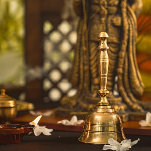 Cloche en laiton ghanti traditionnel indienne ritUels hindous pooja accessoire pour le temple mandir festival occasions religieus kit puja et cameau (ghanti dore) - Image 2