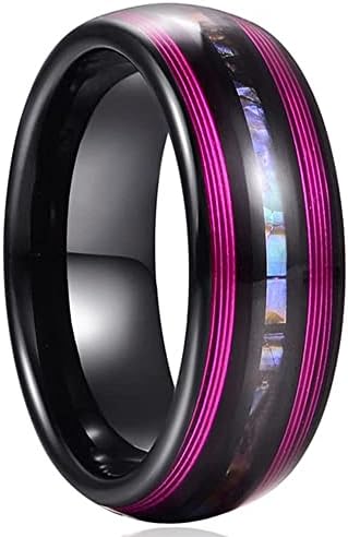 Corato 8 mm Bague en Carbure de Tungstène Noir pour homme Avec Corde de Guitare Violette et Bague de Mariage incrustée de Coquille d'Ormeau Finition Polie Bombée Taille 54-67