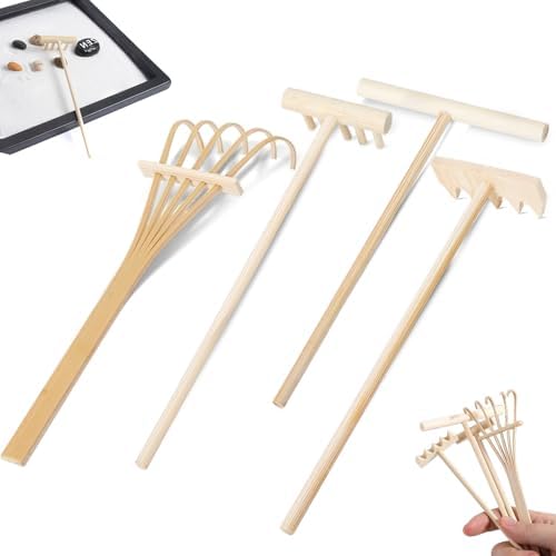 Lot de 4 Mini Accessoires de Jardin Zen en Bois - Râteau à Sable Zen - Bac à Sable Miniature - Petit Râteau Zen - Bricolage pour la Maison, Le Bureau et la Décoration de table