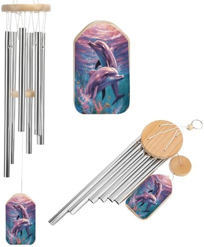 Carillon éolien pour extérieur, motif dauphins artistiques, tonnes mélodiques apaisants, carillons à ventilateur pour exterieur, terrasse, Maison ou Jardin, décoration de 52,1 cm, 6 tubes en alliage