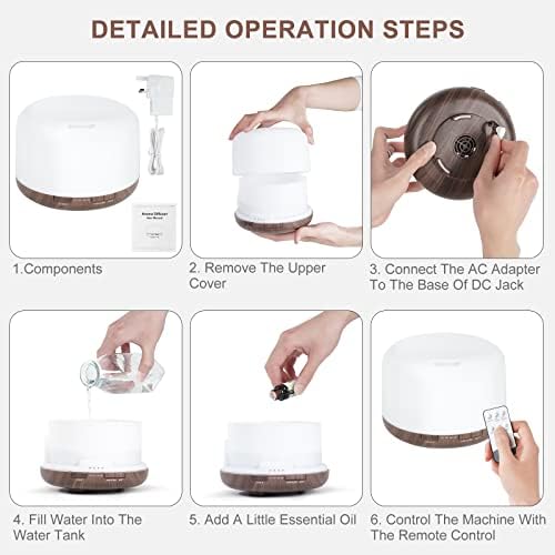 ACWOO DIFFUSEURS D'HUILES Essentielles 500 Ml AVEC 6 * 10Ml Huiles Essentielles, Ultrasonie Humidificateur Diffuseur Aromathérapie, LED à 7 CouleUrs, Arête Automatique, pour la Maison, Salon, Yoga - Image 4