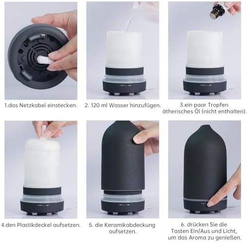 DIFFUSEUR D'ARÔMES POUR HUILES Essentielles, 120 ml de Qualité Supérieure, Humidificateur à Ultrasons, Difffuseur d'Huiles Essentielles en Céramique, Bureau, Spa (Noir) - Image 5