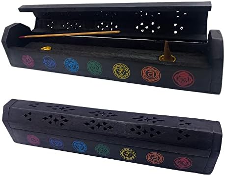 Snadi - Brûleur d'Encens Artisanal (Porte-Encens) | Boîte en Bois | Conception de Chakras | Fait à la Main en inde | Chaleur et Tranquillité | 30,5 x 6,2 x 5,5 cm | Décoratif et fonctionnel