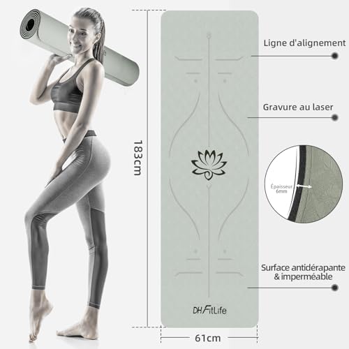 DH Fitlife Tapis de Yoga en TPE, 183 x 61 x 0,6 cm, Tapis de Gymnastique, Antidérapant et écologique des dettes Côtés, Tapis de Fitness Avec Lignes d'orientation - Image 4