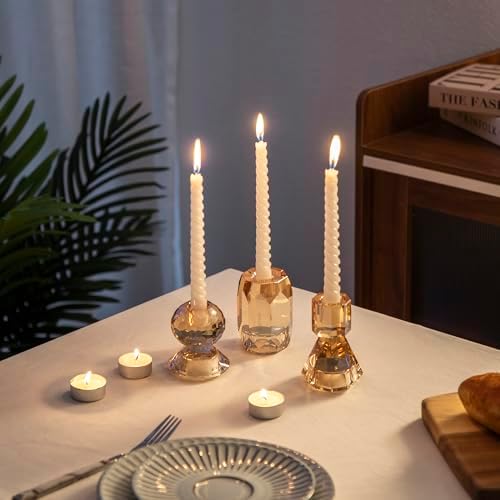 WeltrXe bougeères en cristal, lot de 3 photophores transparents pour bougies bâtons et bougies chauffe-plate, bougeères conception 2 en 1 en cristal pour décorations de table, mariages, fêtes (champagne) - Image 7